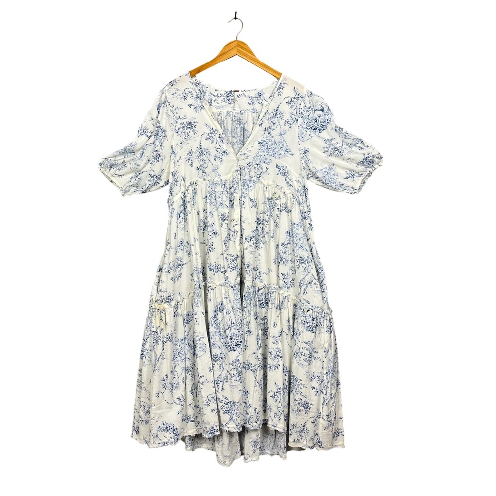 Free People Midi Dress Womens L White Blue Toile Floral Tiered Boho Cottage Euro